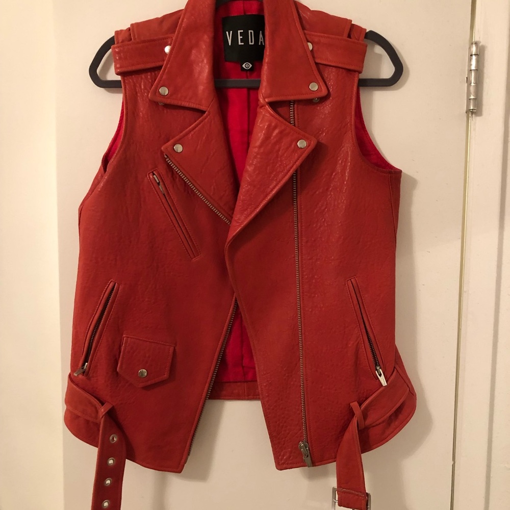 Veda red leather moto vest